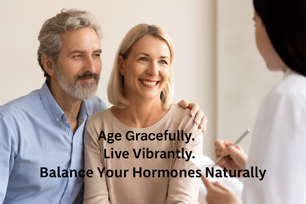 Middle-aged couple smiling during a consultation with a healthcare professional in a clinic. The caption reads, “Age Gracefully. Live Vibrantly. Balance Your Hormones Naturally.”