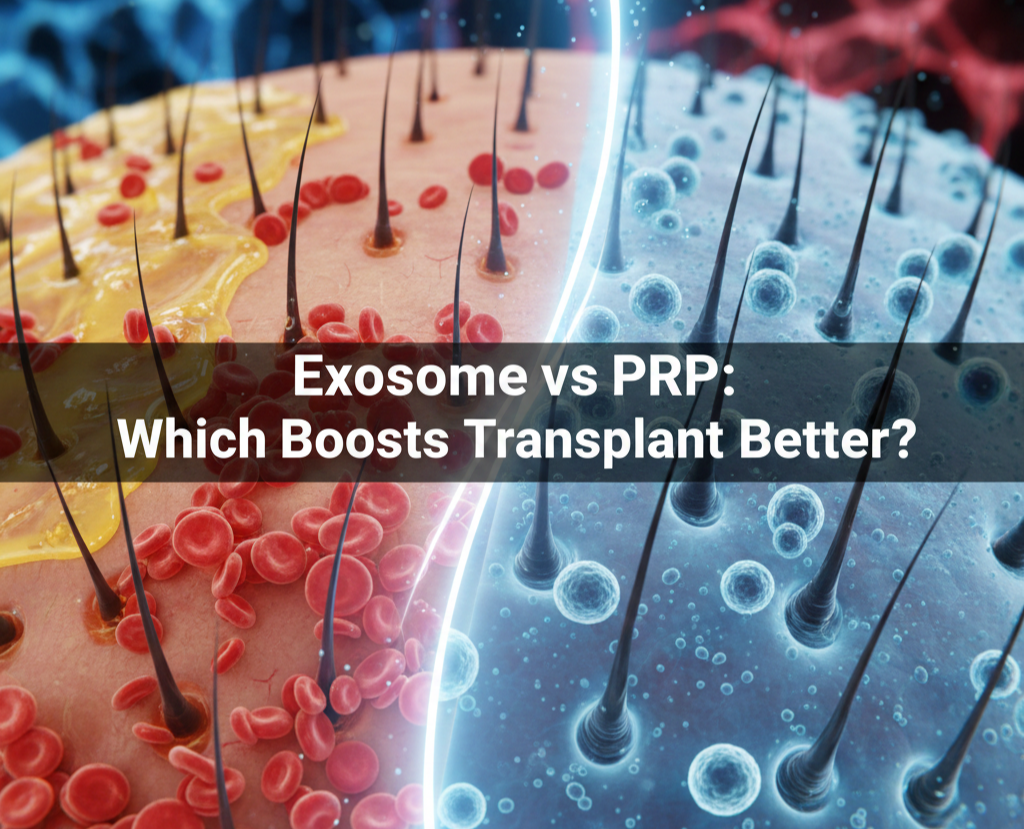 Macro view of a scalp showing a split comparison: one side depicts PRP (platelet-rich plasma, yellow/red) and the other side depicts exosomes (blue spheres) surrounding hair follicles.