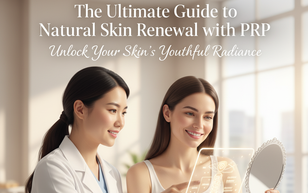 The Ultimate Guide to Natural Skin Renewal with PRP." The visual features a close-up of a person receiving a Platelet-Rich Plasma facial treatment, emphasizing anti-aging, collagen production, and natural rejuvenation. Key areas covered include PRP for skin, microneedling, glow, and achieving a youthful complexion.
