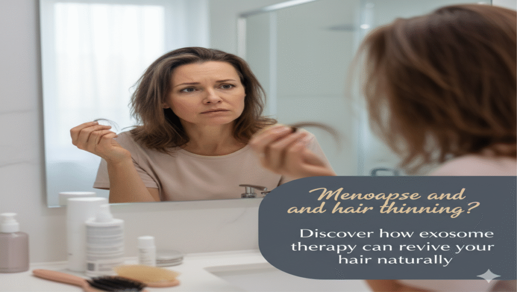 Visual highlights concern over menopause-related hair thinning and introduces exosome therapy as a natural hair restoration solution. menopause hair loss, thinning hair, exosome therapy, scalp health, hair regeneration, natural hair treatment."