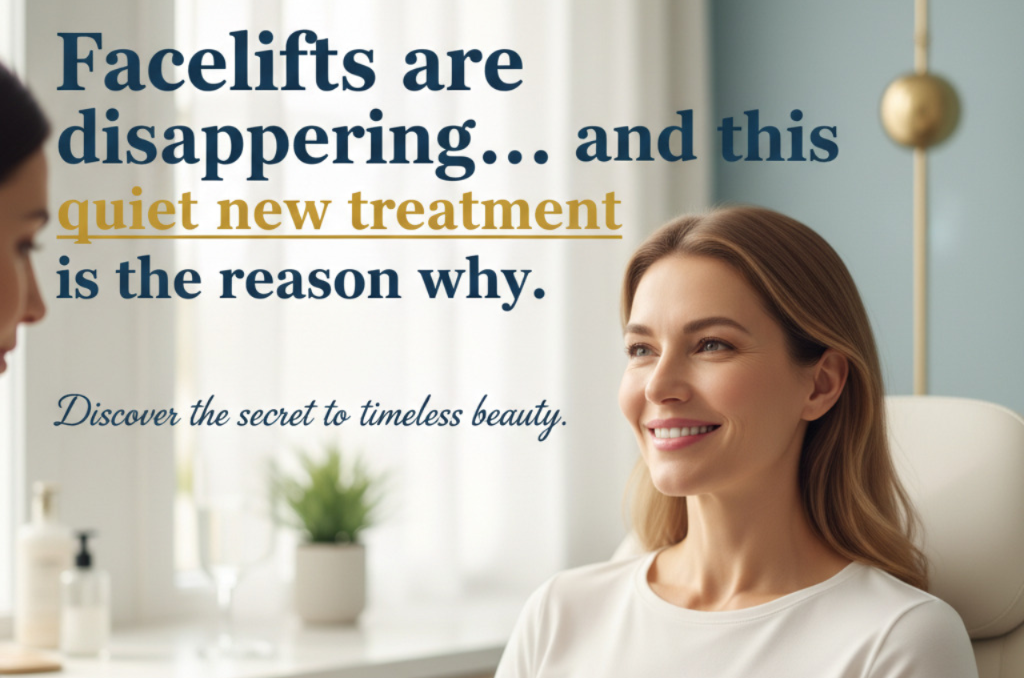 'Facelifts are disappearing... and this quiet new treatment is the reason why.' Image shows a beautiful woman receiving a non-surgical anti-aging treatment in a clinic. Keywords: non-invasive facelift, skin tightening, cosmetic procedure, anti-aging secret, new beauty treatment."