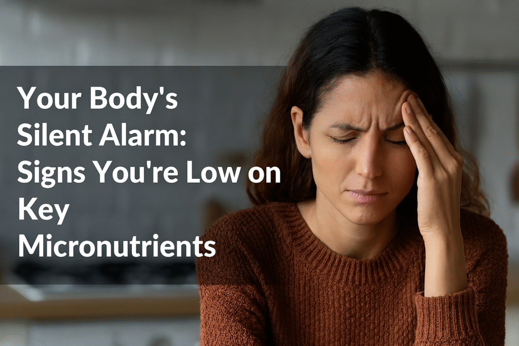 Micronutrient deficiency warning poster with clinic background. Highlights fatigue, brittle nails, brain fog, and poor immunity. Title reads “Your Body’s Silent Alarm.” Clean medical design in teal and beige tones.
