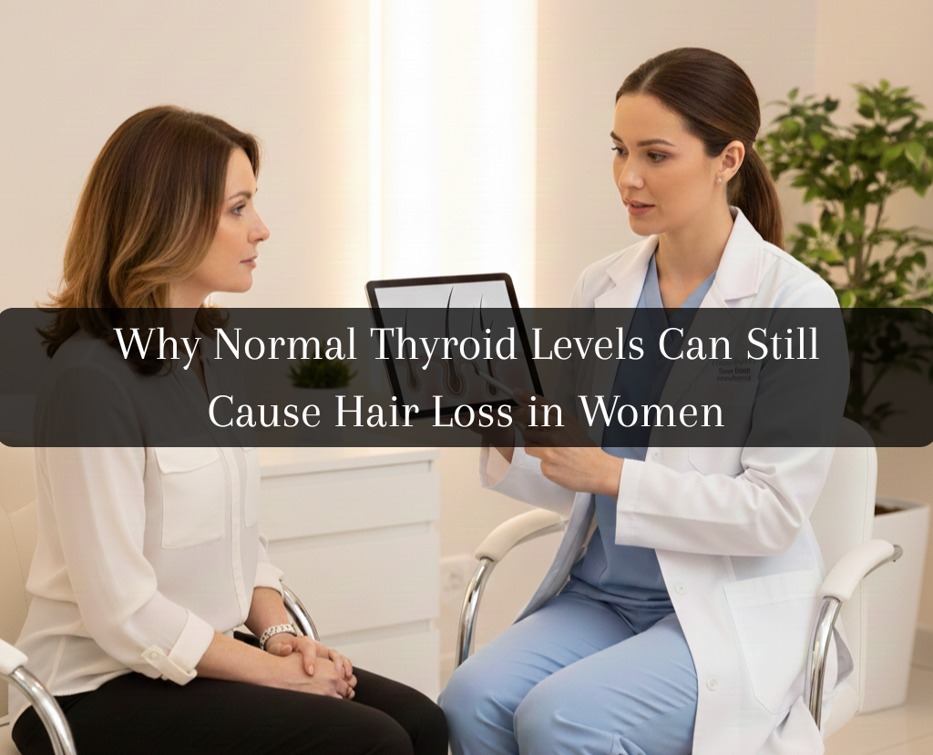 A healthcare professional discusses hair loss with a female patient, showing a diagram of hair follicles on a tablet. The image highlights that normal thyroid levels can still contribute to hair loss in women.