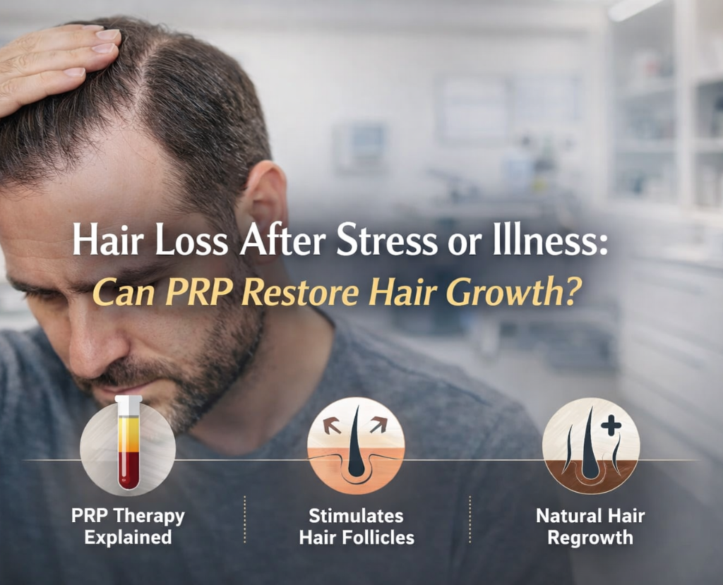 Learn how stress or illness causes hair loss and how PRP with internal support can help restore healthy hair growth effectively.
