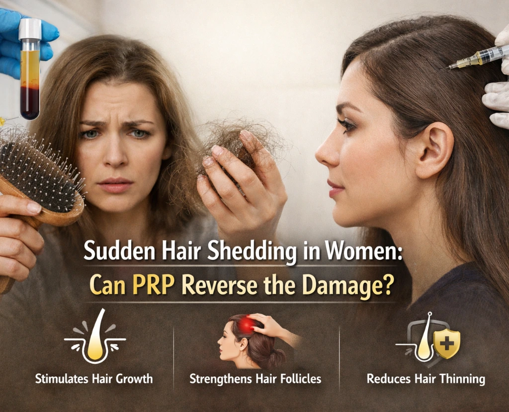 Learn what causes sudden hair shedding in women and how PRP with internal support can help restore healthy hair growth.