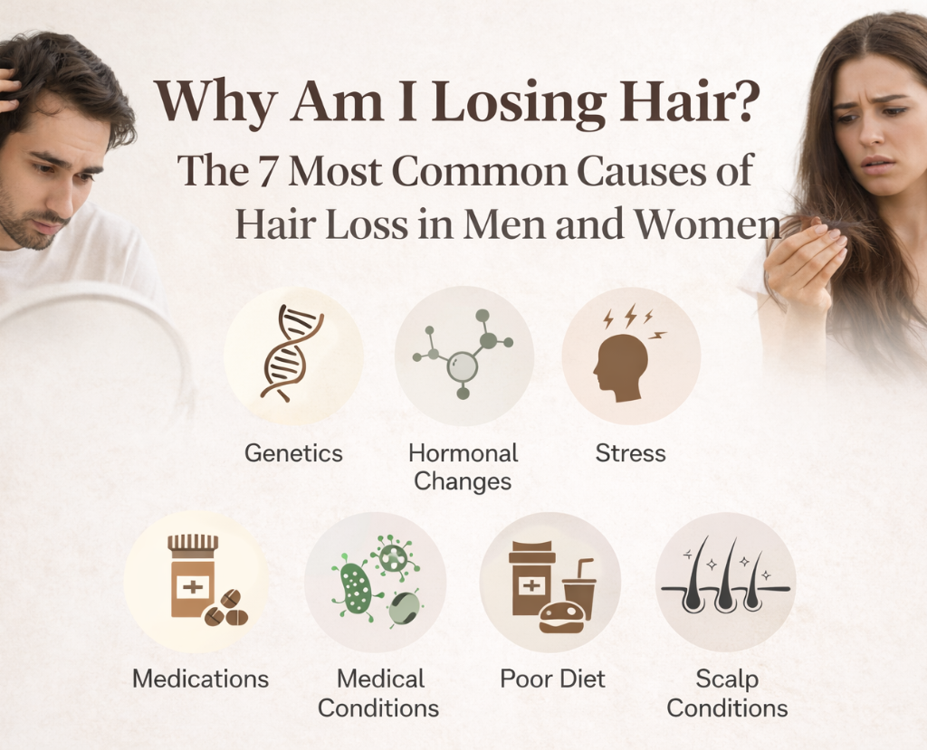 Discover the 7 most common causes of hair loss and explore advanced non-surgical treatments at Cosmeticstar in Leeds.