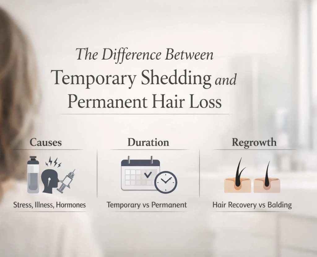Learn the difference between temporary shedding and permanent hair loss and explore advanced non-surgical treatments at Cosmeticstar in Leeds.