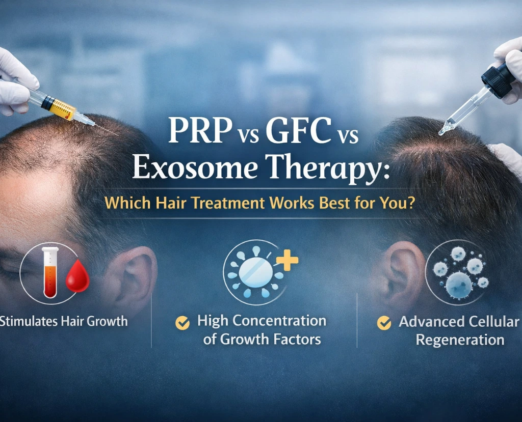 Compare PRP, GFC, and Exosome therapy for hair loss. Learn which treatment works best and how to choose the right option for hair restoration.