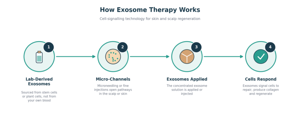 The exosome therapy process: lab-derived exosomes, micro-channel creation, application, and cellular response.